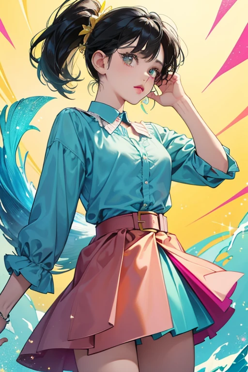 She is a thin yellow with dark pink lips, black hair, and light green fins who wears a light blue shirt with a red handkerchief and a blue skirt with a brown belt. SPARKLE; GLITTER