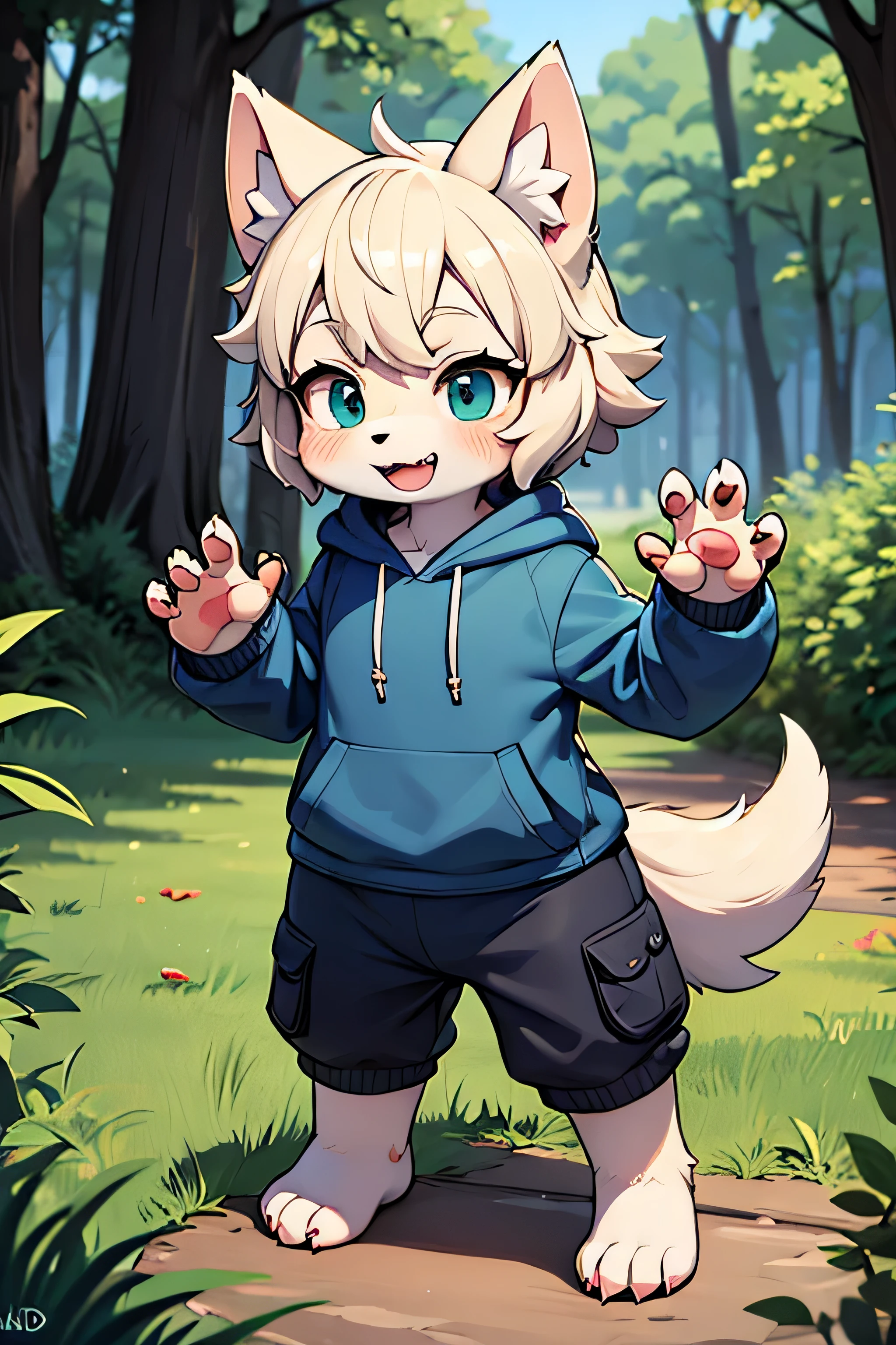 Picture Quality: A small male anthropomorphic wolf figure with a compact and endearing size resembling a 2-year-old, male, baby, wolf, standing,
Anthropomorphic traits radiating brightly in his crystal blue eyes, Small and looks like a fluffy two year old, looks like an adorablesmall male anthropomorphic wolf,
Fur coat softly luscious, a mix of greyish-green hues making the fur looking 100% green, completely green fur,
Nose slightly wrinkles, expressing happiness, with no blushing trace,
Long, bushy tail wagging in excitement, each delicate claw mark visible,
Detailed paws, carefully depicted with toes and claw marks,
Wearing a mismatched outfit of a hoodie and a generic diaper, wearing a generic white baby diaper, autumn leaves and twigs arround, harmoniously blended with the forest,
Forest, his natural habitat is more moist, vibrant and verd