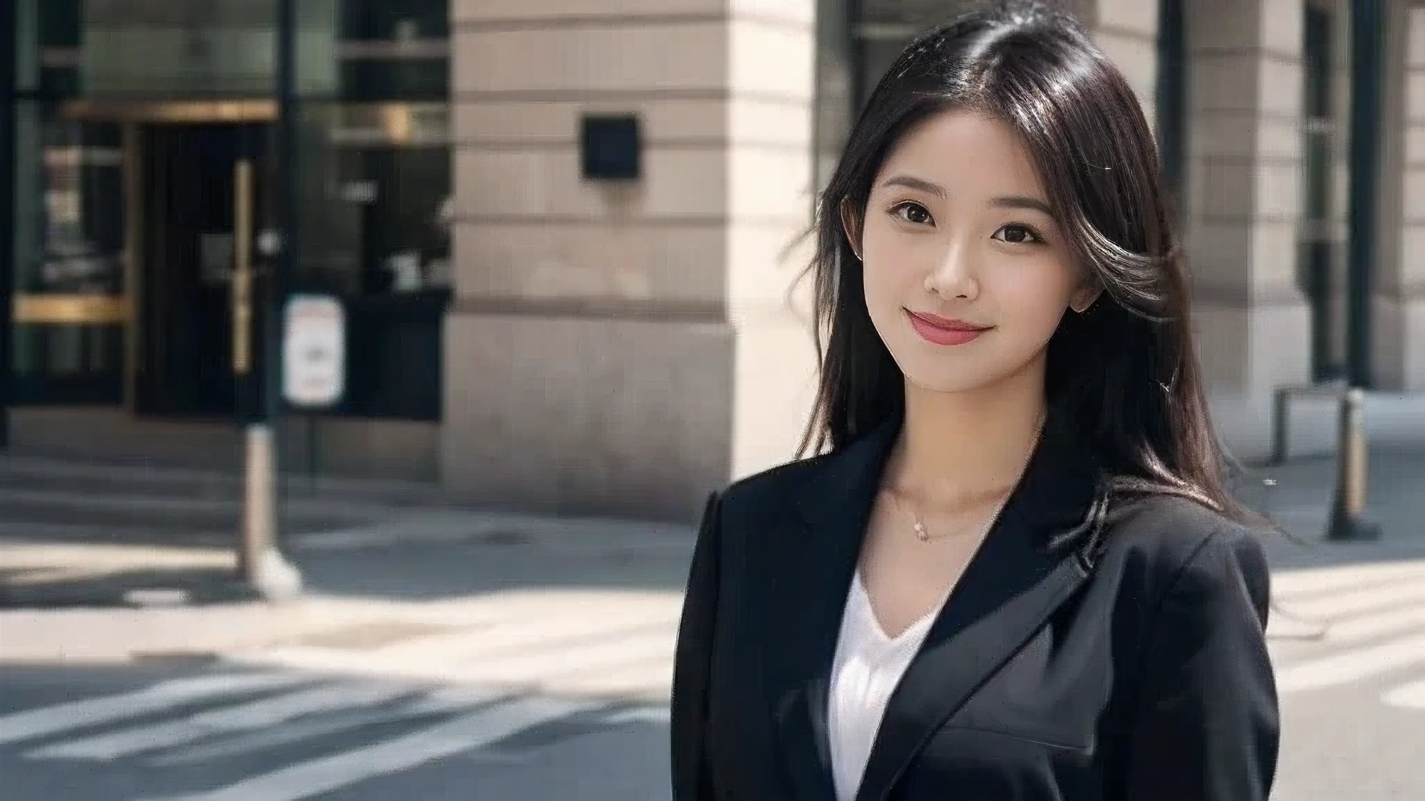 (Realistic: 1.4), (highest quality: 1.4), Ultra-high resolution, (Fine grain),Full body shot,Blur the background,Watching the audience,Move the character a little to the right,1. Female university student,(Full breasts),Black Hair,((suit)),Wide eyes,Blushed face,smile,Highly detailed face and skin texture, Healthy Skin,(Outdoor),8k resolution