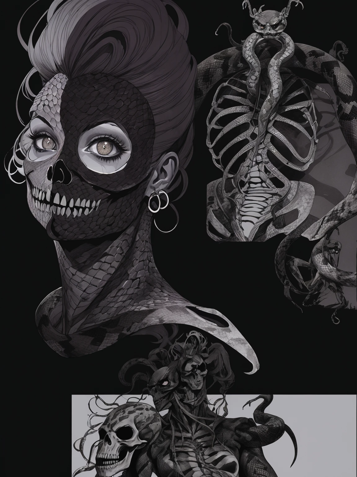 Medusa, splash page decompressed comic cover art, ink style figure, candid, snake skin dress, ((art style expressive Joelle Jones and "Sean Gordon Murphy" comic drawing)), cinematic poster double exposure, optical illusion, image within image, abyss void black no visibility darkness, full body portrait, (background, pine barrens, entropy, rewilding, magic hour sunset with galaxy stars, cosmos), (horror, abstract, surreal, body, cosmic), body drawn in Frederic Delavier musculature anatomical illustration art style, (face, ornate black metal corpse paint, resembles Grace Jones), (body, Naga, snakefolk, lower body snake tail, snake woman hybrid, bald, hairless, skeleton, snake skin tattoos, piercing eyes, snake pupils, over the shoulder), (colors, merge bleak muted deep fiery radiant glowing ROYGBIV, forest green to earth brown), craftsmanship nuance, (art style Gerardo Zaffino charcoal), subliminal orchids, nyctophobia, (wordless, single image), silhouette