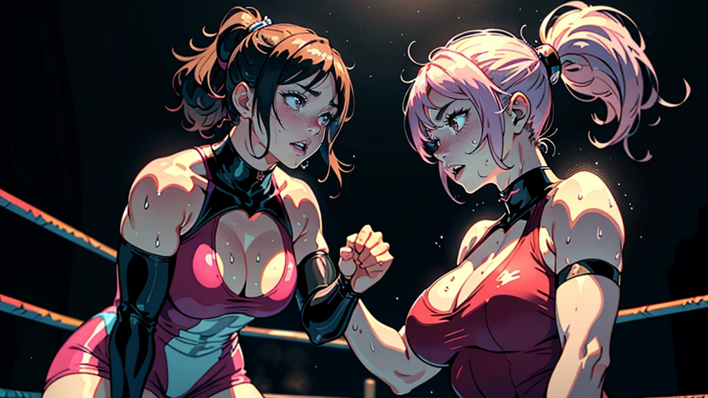 masterpiece, highest quality, (Highly detailed CG Unity 8k wallpaper), (highest quality), (Best illustrations), (Best Shadow), Confused, Realistic lighting, (abyss), Beautiful and delicate shine,victory,Random Pause,((Bare skin wet with sweat,Female professional wrestler)),Cute freckles on the cheeks,Mole under left eye,Hair wet with sweat,Luxuriously decorated wrestling costume,pain,suffering,ring,Plump,Villain wrestler,A female wrestler with pink dyed hair,game,pain,anger,Attacked another female wrestler,