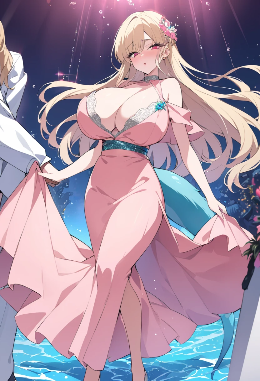 Marina, 18 years old, long light blonde hair, coral pink eyes, huge breasts, long dress with a turquoise tail with glitter, walking slowly singing with her siren voice with a seductive look so that the prince is unconscious.hentai