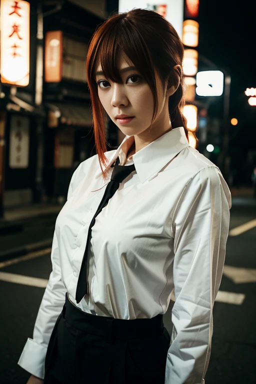 (a girl,red hair,long white shirt,black tie,long black pants,japanese cosplay),ultra-detailed,photorealistic,vivid colors,bokeh,anime,soft lighting