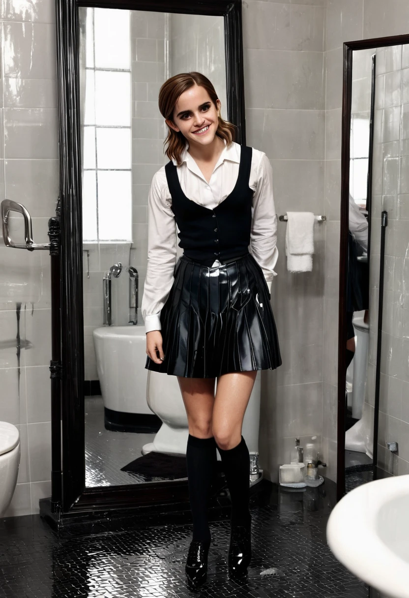 masterpiece, best quality, high resolution, full body, Emma Watson, smiling, black makeup, uniform, medium breasts, big neckline, black skirt, long legs, knee high socks, black high heels, all wet, standing next to a body mirror, bathroom background