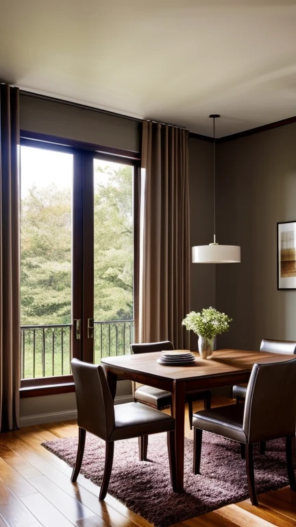 a private room, with walls in a neutral shade of light gray. The floor is dark wood, polished and shiny. There is a mahogany table in the center, with a modern design lamp hanging above it, casting a soft, welcoming light. there is a shelf with some books and decorative objects. On the walls, some paintings with abstract landscapes, in earthy tones. A large window with light curtains lets in natural light, creating a peaceful and pleasant environment.
brown hair, straight and loose, that falls softly over my shoulders. My eyes are an intense green, with long, defined lashes. My skin is clear and soft. lips are full and pink, body is slender and curvaceous. I'm wearing a tight black dress that highlights my shape.