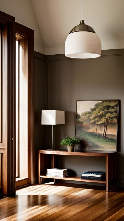 a private room, with walls in a neutral shade of light gray. The floor is dark wood, polished and shiny. There is a mahogany table in the center, with a modern design lamp hanging above it, casting a soft, welcoming light. there is a shelf with some books and decorative objects. On the walls, some paintings with abstract landscapes, in earthy tones. A large window with light curtains lets in natural light, creating a peaceful and pleasant environment.
brown hair, straight and loose, that falls softly over my shoulders. My eyes are an intense green, with long, defined lashes. My skin is clear and soft. lips are full and pink, body is slender and curvaceous. I'm wearing a tight black dress that highlights my shape.