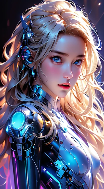 Realistic 8K.,high resolution, bright reflection,1 woman, alone, hips up, ,(detailed face), blonde hair long hair, Mecha Musume, mechanical parts, robot joint, single mechanical arm, Mechanical radius, Dressed in blue and gold. Bikinis with lots of neon lights,The white bodysuit has several neon lights..,Chest armor with 4 large electric bulbs..,With colorful lights There was a bright purple light..(Very bright)Colorful beams of light shot from the armor..,Light radiated from the armor..,, city at night