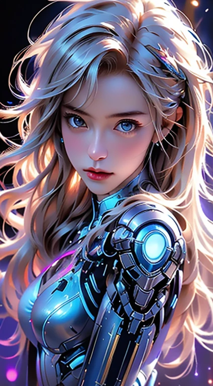 Realistic 8K.,high resolution, bright reflection,1 woman, alone, hips up, ,(detailed face), blonde hair long hair, Mecha Musume, mechanical parts, robot joint, single mechanical arm, Mechanical radius, Dressed in blue and gold. Bikinis with lots of neon lights,The white bodysuit has several neon lights..,Chest armor with 4 large electric bulbs..,With colorful lights There was a bright purple light..(Very bright)Colorful beams of light shot from the armor..,Light radiated from the armor..,, city at night