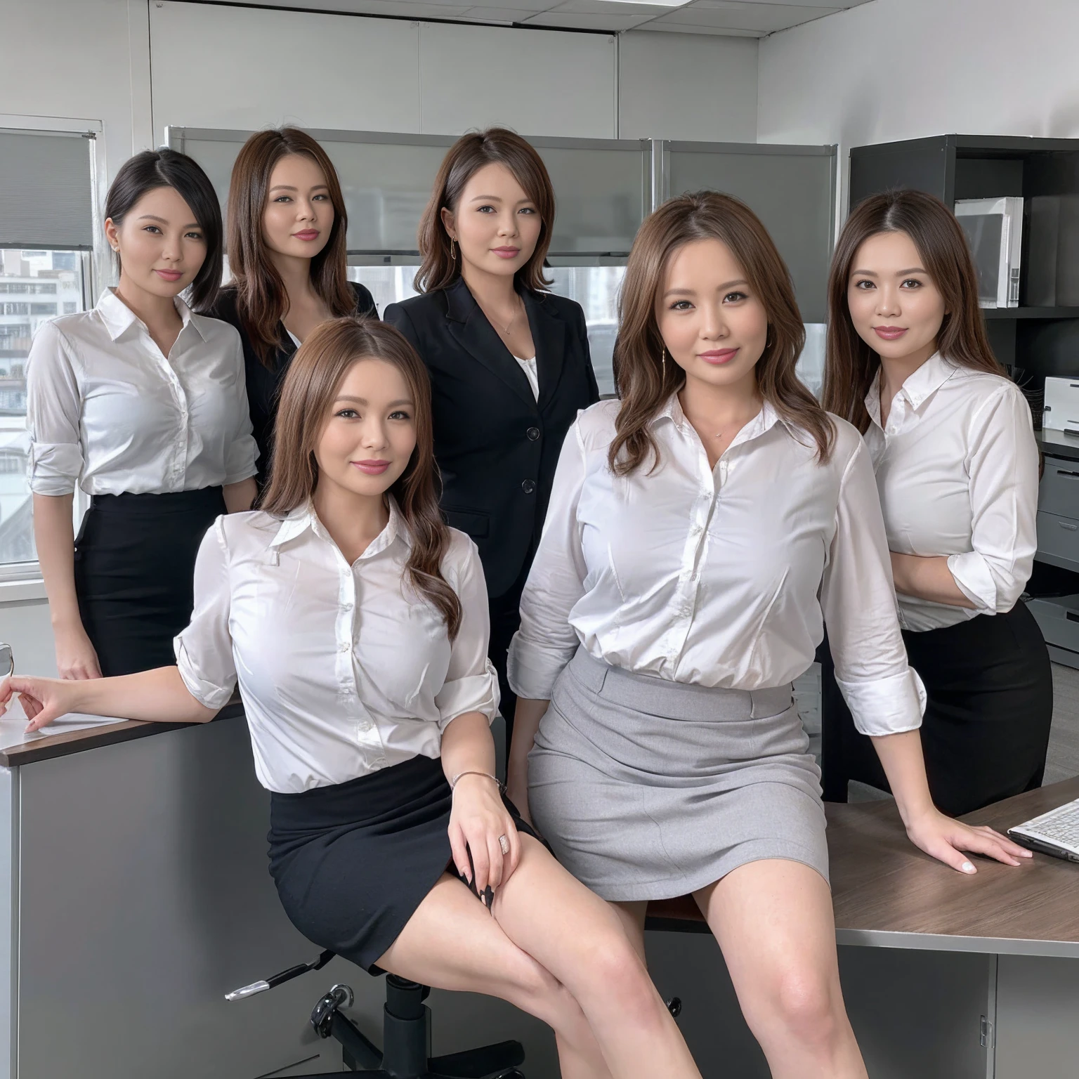 ((Best Quality, 8k, Masterpiecedetails, ultra-high resolution)), (group picture),(looking at the viewer), (full shot:), attractive business 5 milfs, 5 people, a bit chubby:0.25, seductive expression, white collared shirt, grey skirt, (sitting with cross legs on office desks)), smile, office of CEO