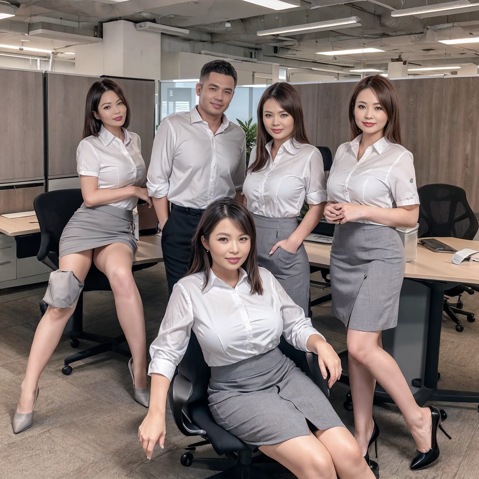 ((Best Quality, 8k, Masterpiecedetails, ultra-high resolution)), (group picture),(looking at the viewer), (full shot:), attractive business 5 milfs, 5 people, a bit chubby:0.25, seductive expression, white collared shirt, grey skirt, (sitting with cross legs on office desks)), smile, office of CEO