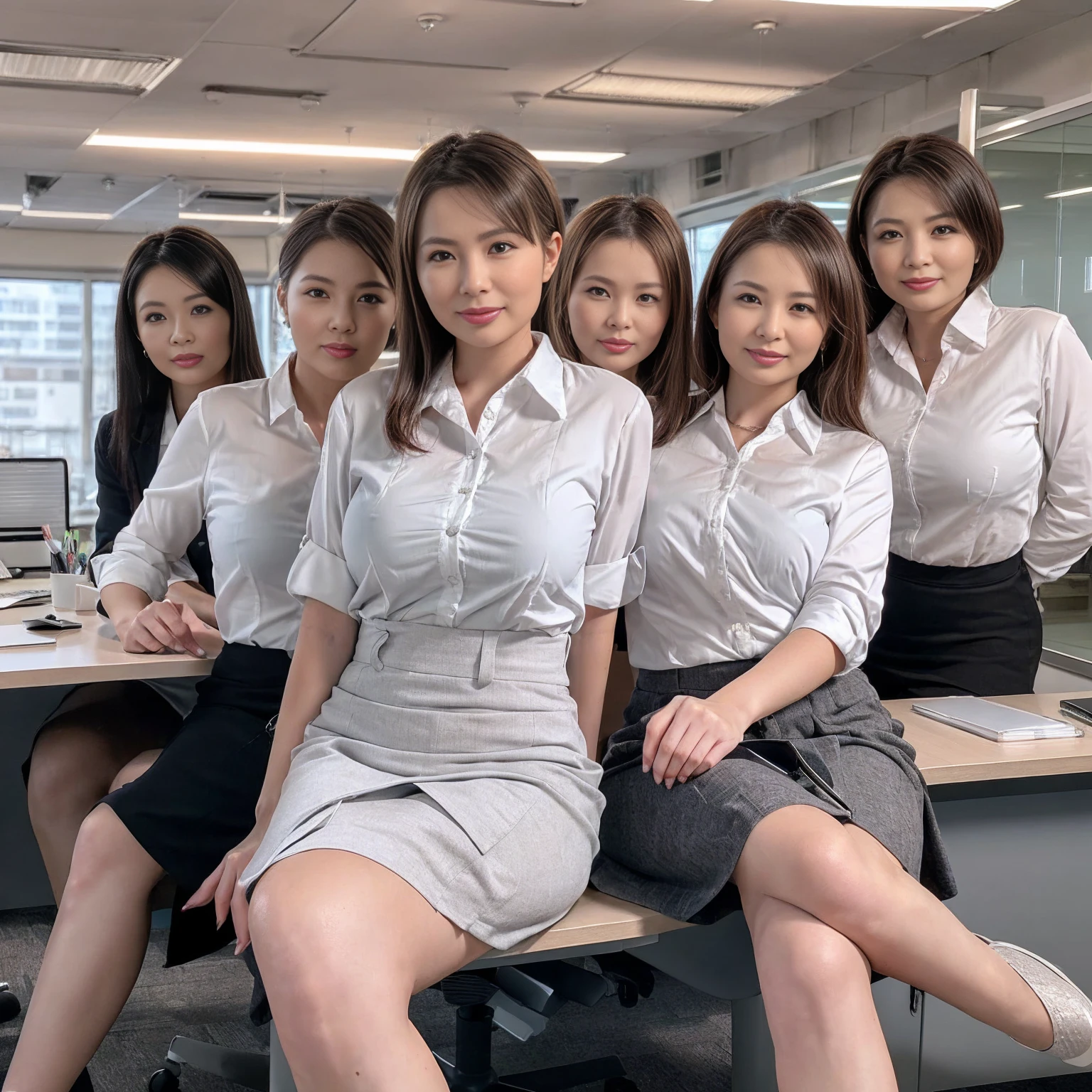 ((Best Quality, 8k, Masterpiecedetails, ultra-high resolution)), (group picture),(looking at the viewer), (full shot:), attractive business 5 milfs, 5 people, a bit chubby:0.25, seductive expression, white collared shirt, grey skirt, (sitting with cross legs on office desks)), smile, office of CEO