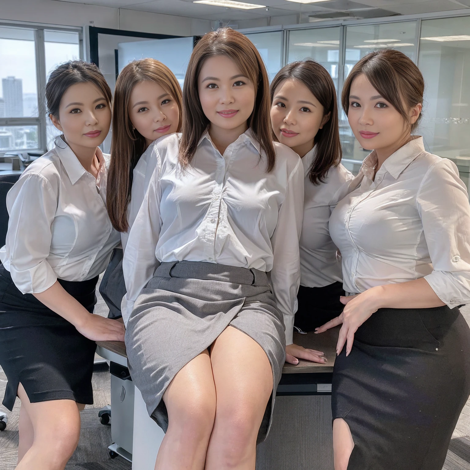 ((Best Quality, 8k, Masterpiecedetails, ultra-high resolution)), (group picture),(looking at the viewer), (full shot:), attractive business 5 milfs, 5 people, a bit chubby:0.25, seductive expression, white collared shirt, grey skirt, (sitting with cross legs on office desks)), smile, office of CEO