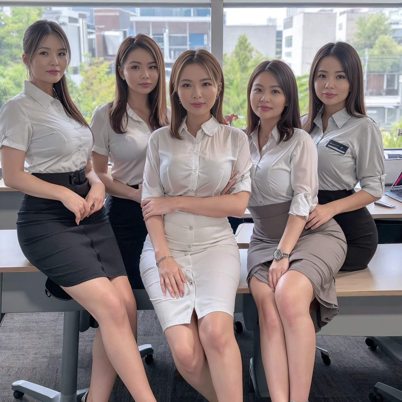 ((Best Quality, 8k, Masterpiecedetails, ultra-high resolution)), (group picture),(looking at the viewer), (full shot:), attractive business 5 milfs, 5 people, a bit chubby:0.25, seductive expression, white collared shirt, grey skirt, (sitting with cross legs on office desks)), smile, office of CEO