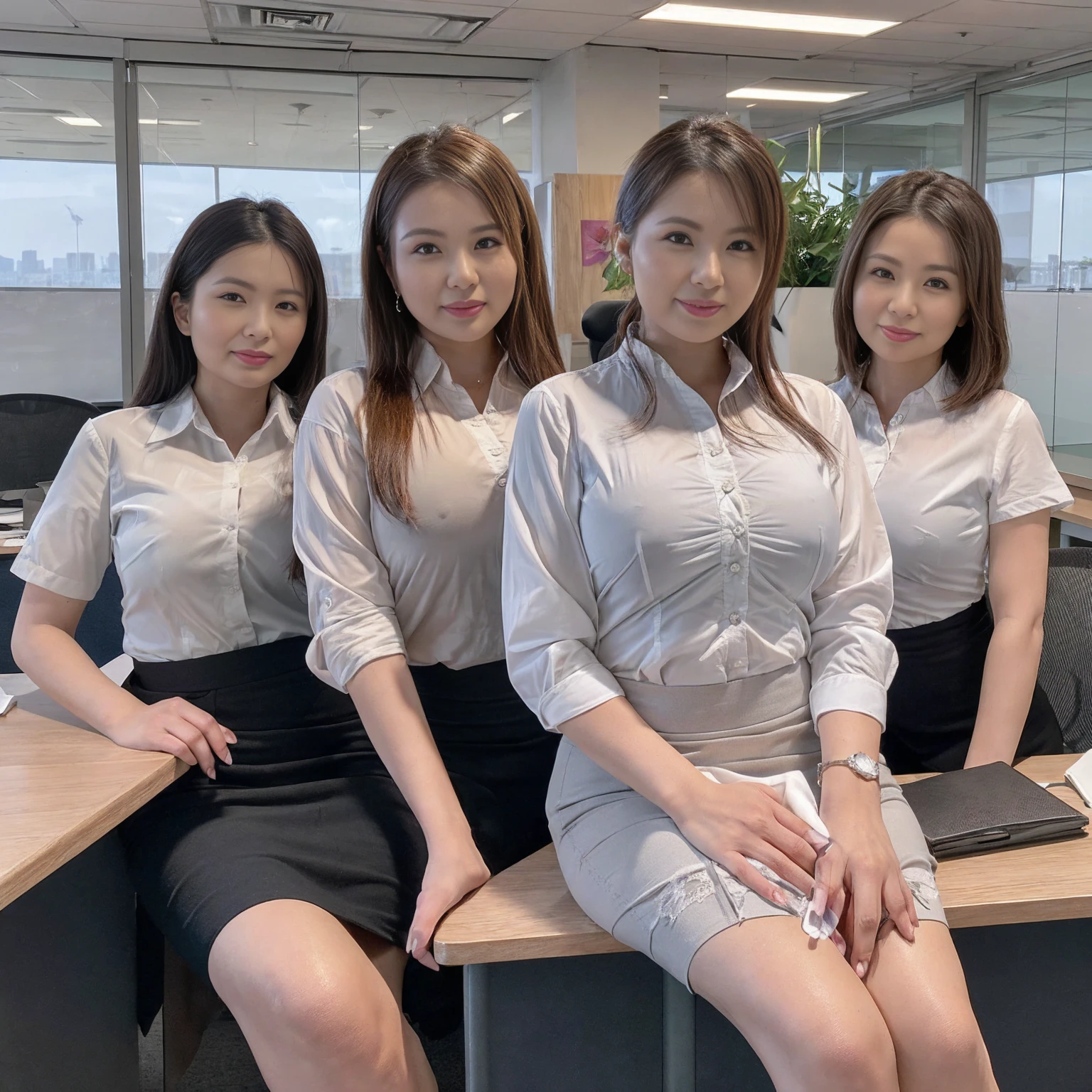 ((Best Quality, 8k, Masterpiecedetails, ultra-high resolution)), (group picture),(looking at the viewer), (full shot:), attractive business 5 milfs, 5 people, a bit chubby:0.25, seductive expression, white collared shirt, grey skirt, (sitting with cross legs on office desks)), smile, office of CEO