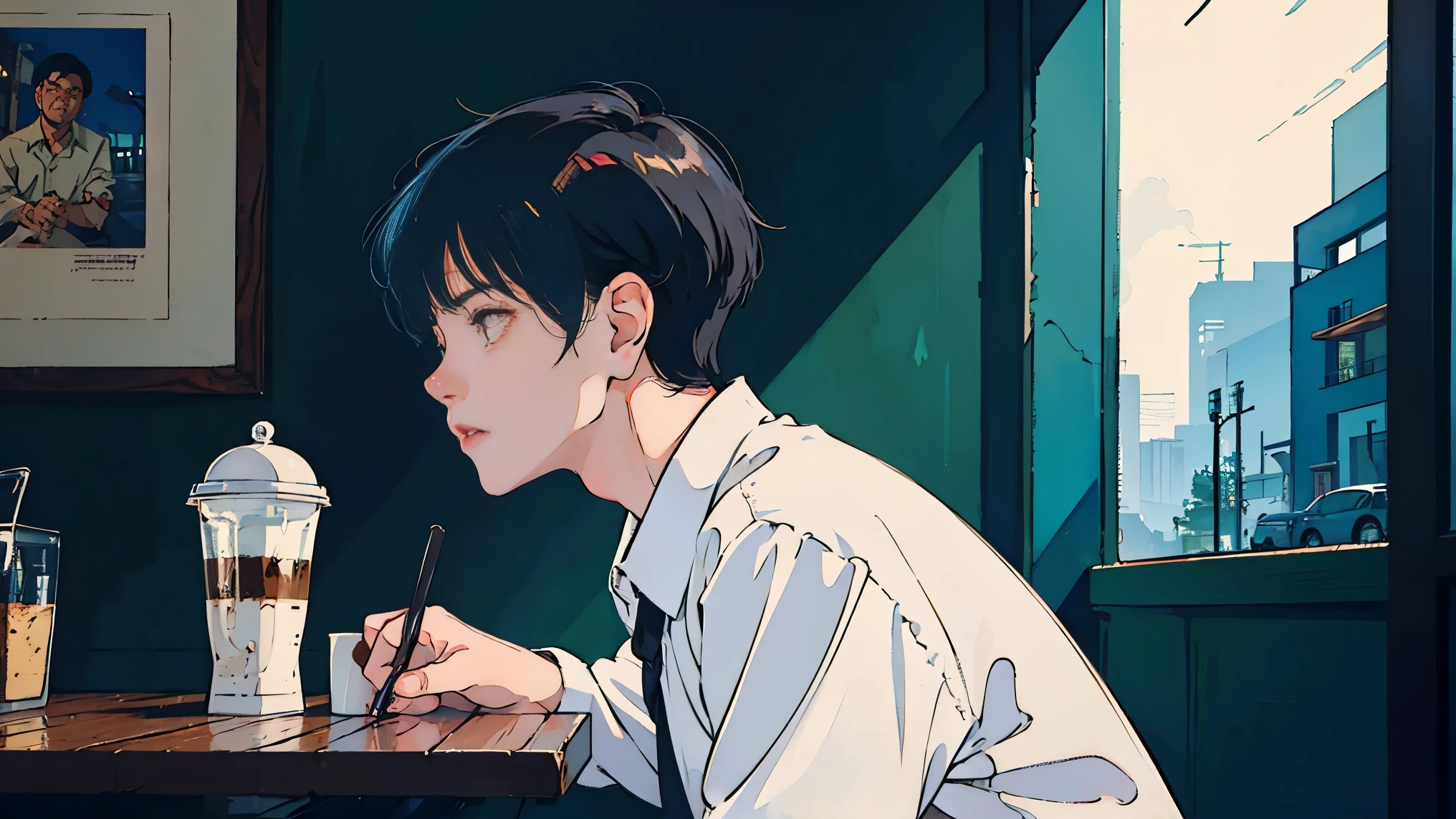 Cool and handsome Asian boy with black hair sitting in a cafe at night, Visible from the window, Perfect Face, White shirt、Black jacket, Neon Black, (Backlit: 1.1), Hard Shadows, masterpiece, highest quality, Complex, Model shooting style, Vintage, Film Grain, incomplete details、Natural Body、profile、Photo taken from a distance、Draw the whole cafe、every day、coffee