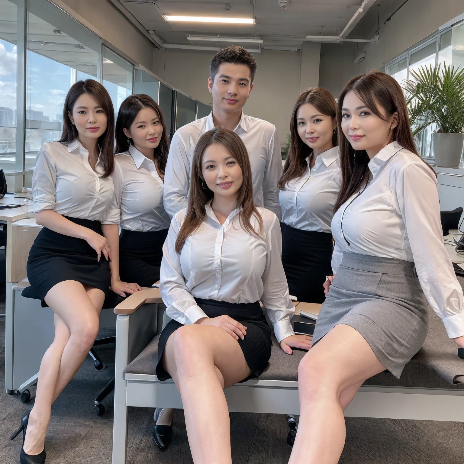 ((Best Quality, 8k, Masterpiecedetails, ultra-high resolution)), (group picture),(looking at the viewer), (full shot:), attractive business 5 milfs, 5 people, a bit chubby:0.25, seductive expression, white collared shirt, grey skirt, (sitting with cross legs on office desks)), smile, office of CEO