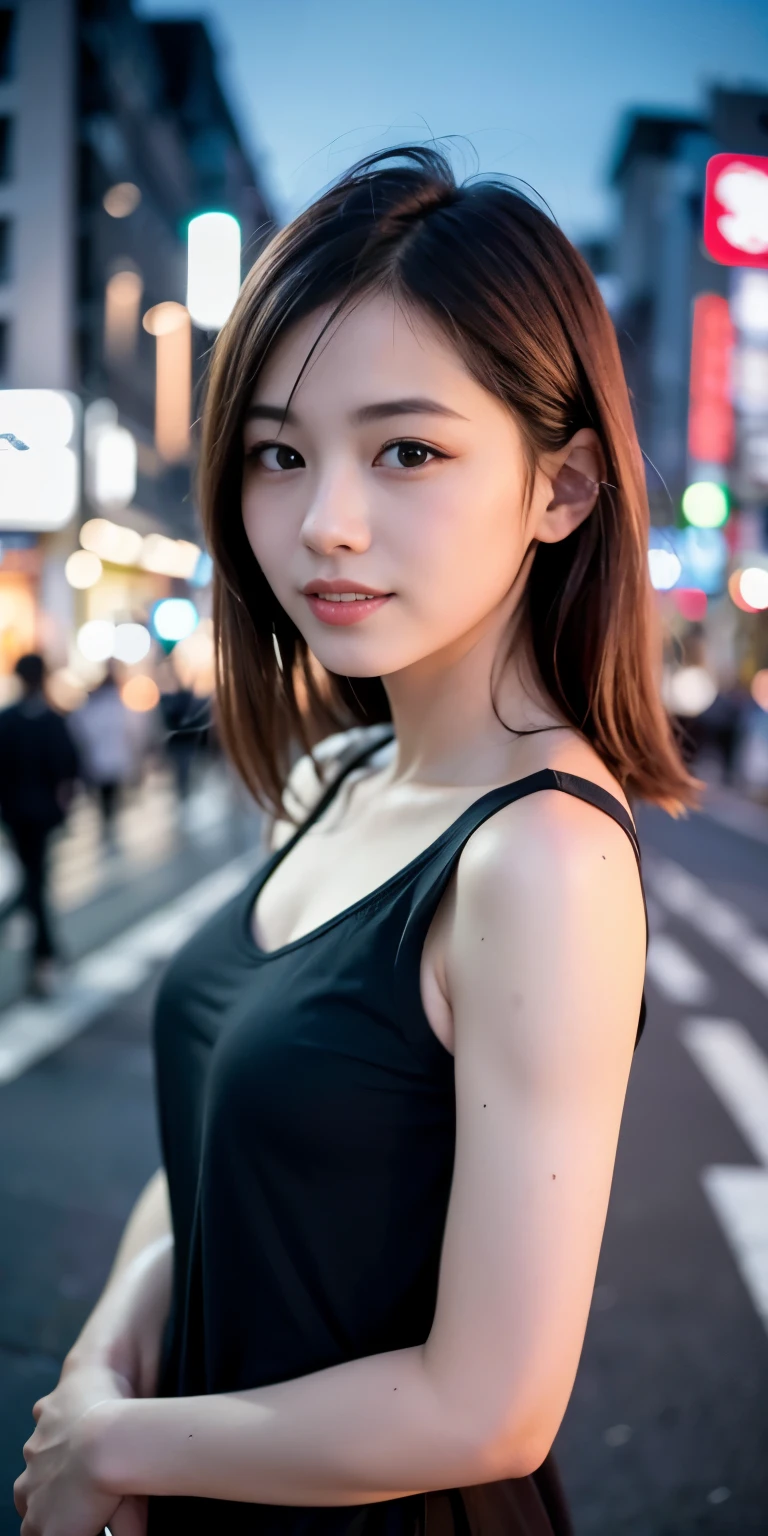 1 Girl, Tokyo Street,night, Streetscape,City lights,Upper Body,close,smile,, (8K, Raw photo, highest quality, masterpiece:1.2),(Realistic, photo-Realistic:1.37),