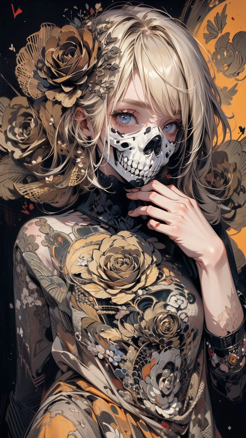 (masterpiece, High resolution, highest quality), Upper body focus:1.3, A 20-year-old woman wearing a large black cloth over her naked body., Skull Face Mask, Blonde Hair, Disorganized, Black Rose Collage, abstract design, artistic juxtapositions, Black Background, mixed-media approach, Anime Style, simple lines, Digital Painting,