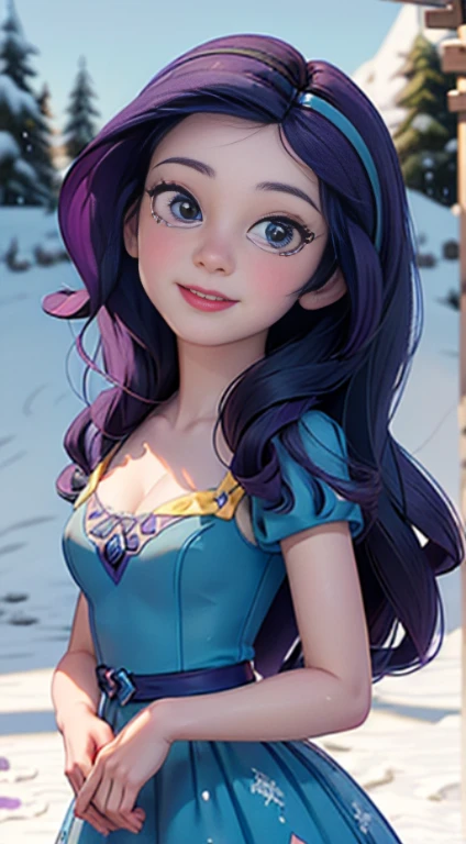 ((best quality)), ((highly detailed)), masterpiece, (detailed eyes, deep eyes), (1girl), dynamic angle, cowboy shot, mlprarity, woman, smile, looking at viewer, ((bright purple hair)), ((blue eyes)), (((wearing a snow white dress))), elegant pose, cleavage, (outdoors, forest), blue bodice, yellow dress, woman, sexy