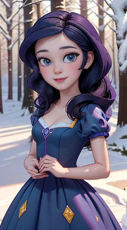 ((best quality)), ((highly detailed)), masterpiece, (detailed eyes, deep eyes), (1girl), dynamic angle, cowboy shot, mlprarity, woman, smile, looking at viewer, ((bright purple hair)), ((blue eyes)), (((wearing a snow white dress))), elegant pose, cleavage, (outdoors, forest), blue bodice, yellow dress, woman, sexy