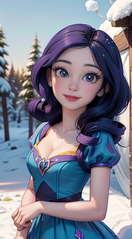 ((best quality)), ((highly detailed)), masterpiece, (detailed eyes, deep eyes), (1girl), dynamic angle, cowboy shot, mlprarity, woman, smile, looking at viewer, ((bright purple hair)), ((blue eyes)), (((wearing a snow white dress))), elegant pose, cleavage, (outdoors, forest), blue bodice, yellow dress, woman, sexy