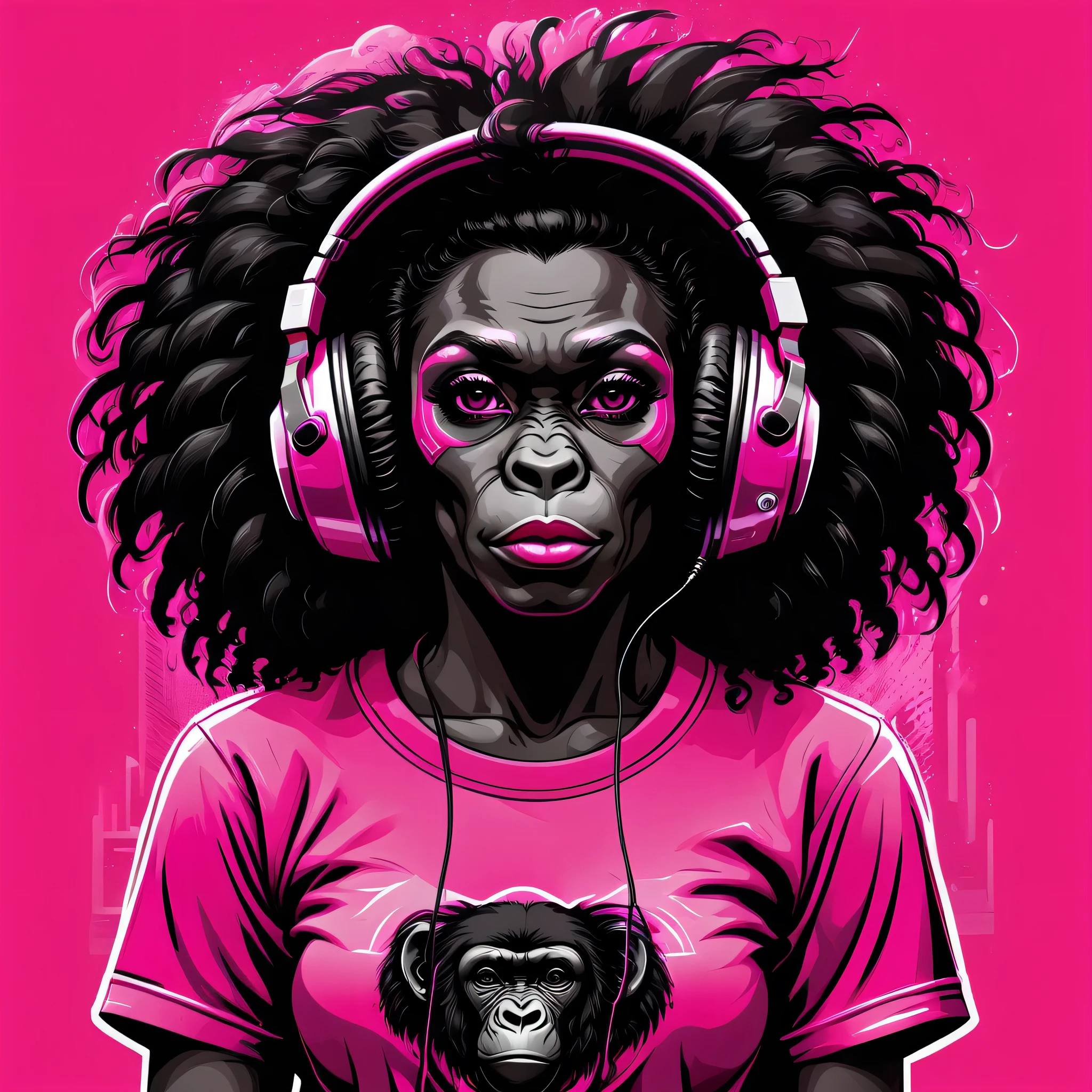 Female gorilla, gorilla girl, black Power afro Hair, afrofuturism, t-shirt art, t-shirt design, vector art, pink details, headphones