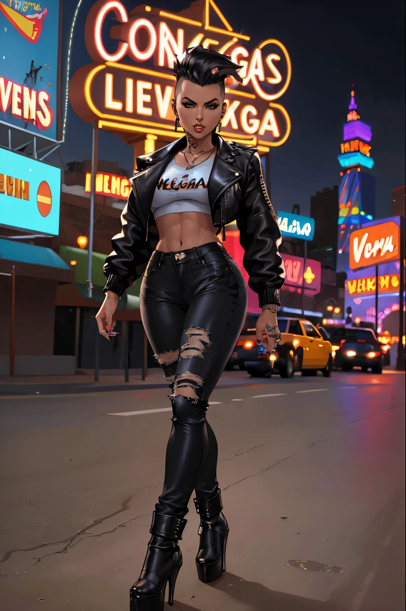 film photo ChristyMackQuiron woman, peinado Mohawk, mohawk hair, black hair, pelo negro, realista, a woman Shot putwearing a crop top and tight jeans walking on Las Vegas, short crop top, ahort black leather jacket, chaqueta de cuero negro corta, vaqueros apretados, heels, tacones , de buen tono, 35mm photography, Movie, bokeh, profesional, 4k, muy detallado, Las Vegas