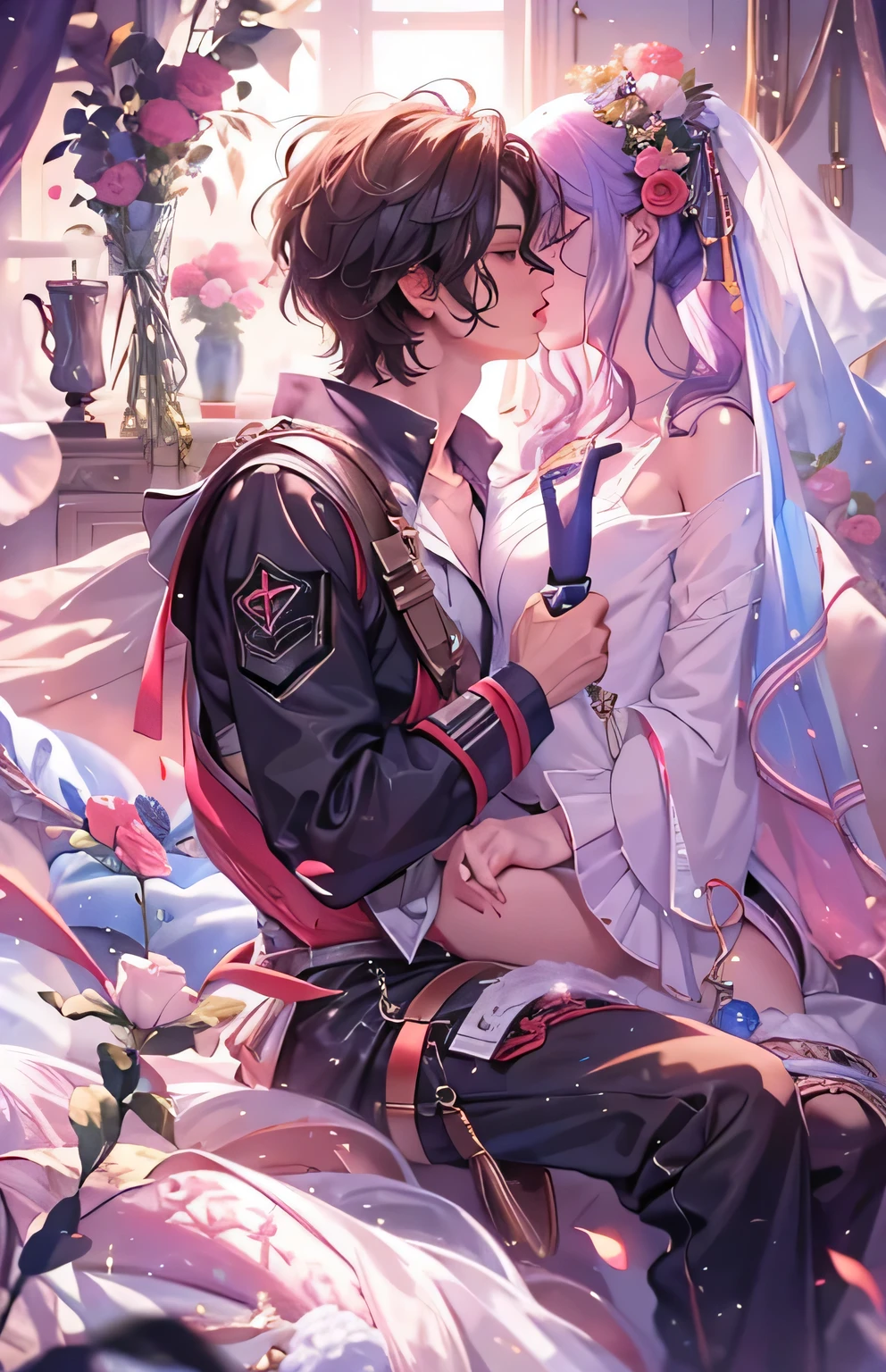 ((highest quality)), ((masterpiece)), (Get used to it), Perfect Face , Couple , 1 male , 1 female , On the bed , kiss , Embrace each other ,