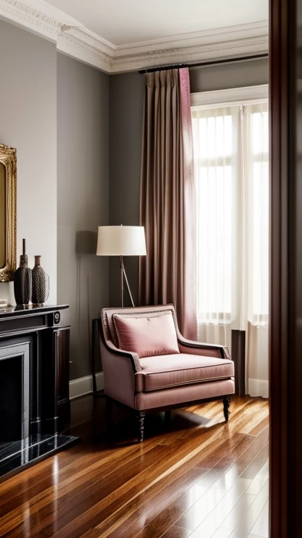 a private room, with walls in a neutral shade of light gray. The floor is dark wood, polished and shiny. There is a mahogany table in the center, with a modern design lamp hanging above it, casting a soft, welcoming light. there is a shelf with some books and decorative objects. On the walls, some paintings with abstract landscapes, in earthy tones. A large window with light curtains lets in natural light, creating a peaceful and pleasant environment.
in girl, solo, ((brown hair, straight and loose, that falls softly over my shoulders. My eyes are an intense green, with long, defined lashes. My skin is clear and soft. lips are full and pink, body is slender and curvaceous. I'm wearing a tight black dress that highlights my shape.))