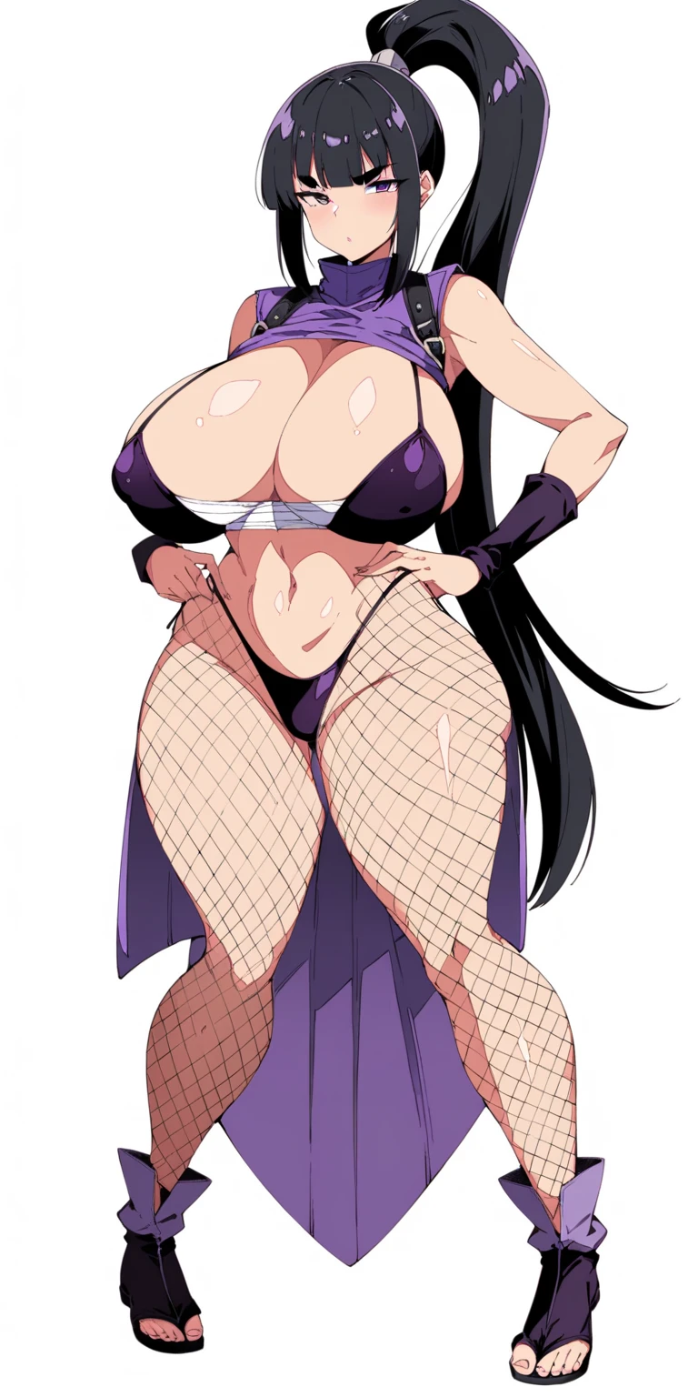 masterpiece, bestquality, ultra-detailed,
middle ages, medieval times, Medieval European fantasy,
flat design, ligne claire, (photorealistic:1.5),
cinematic lighting, depth of field,
(1girl, fullbody, looking at viewer, front view:1.5),
(very long high ponytail, Long hair ponytail that touches your feet, japanese, thick eyebrows, Navy purple ninja uniform, sarashi, fundoshi, ninja mask, Fishnet tights, Fishnet body tights, hot pants, low rise hot pants, Denim pants, jeans pants, black hair, Yamato Nadeshiko girl, bangs bangs, Cool beauty girl, angry eyes, Cold eyes, Half open eyes, half-closed eyes, Tight Mouth, wide mouth:1.3),
(gigantic saggy breasts:1.3), Clothes that are completely stuck to the chest, impossible clothes, Impossible clothing with perfectly shaped extremely gigantic puffy nipples, pawg, (thin thighs:1.5), thick calf, (slender body:1.5), thin waist, milf, mature woman, puffy lip, lewd body,
standing contrapposto pose, spread legs, Hands on hips,
(Wear warm clothes, tight-fitting fishnets body, tight-fitting Fishnet pants:1.5),
high waist T-back, (low rise hot pants:1), Whale tail, low rise T-back, hot pants, highleg panties, high leg panties g-strings , high leg panties thong, Bikini g-strings, bikini thong,
(white background:1.4),