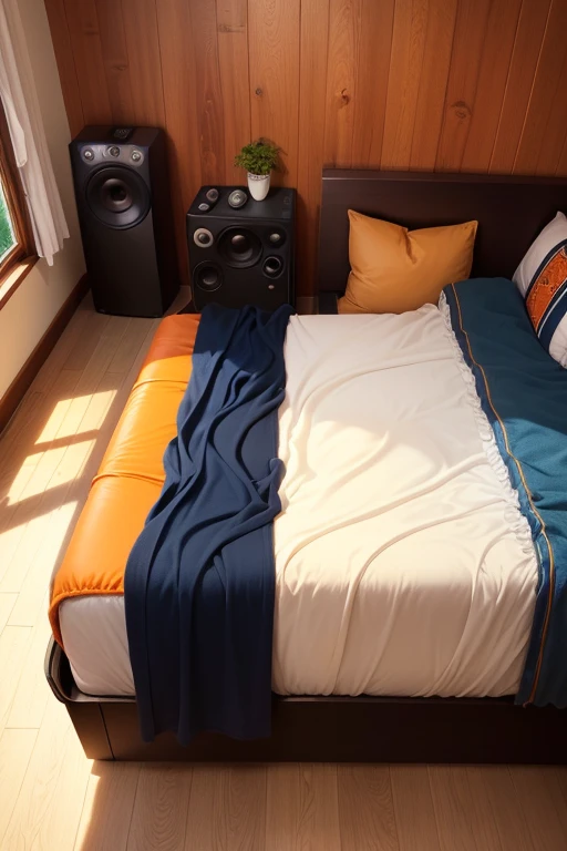 ((best quality)), ((masterpiece)), (detailed), Log Cabin, Bedroom, walls painted persian orange, guitar stand, electric bass guitar, retro stereo, Imperial style bed, black comforter, dark blue-ish gray comforter, orange accents on comforter, bed next to window, coat rack, sleeveless black leather biker vest, scarlet boxing gloves, black leather boots on side of the bed, soft shading, soft colors, pastel colors, vivid colors