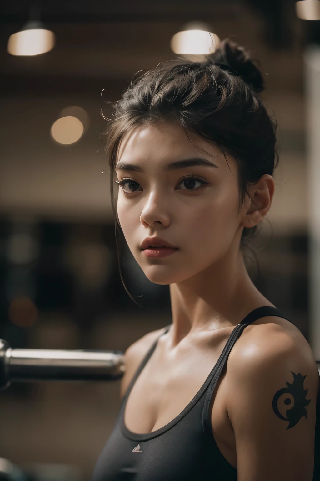 Araped woman with short hime hair, doing strength training at the gym, Madison Beer, without makeup, Profile picture, Use Instagram Filters, Subtle soft and dim light, perfect face, julia sardinian, perfect hands, Random Actions, Full-body view,