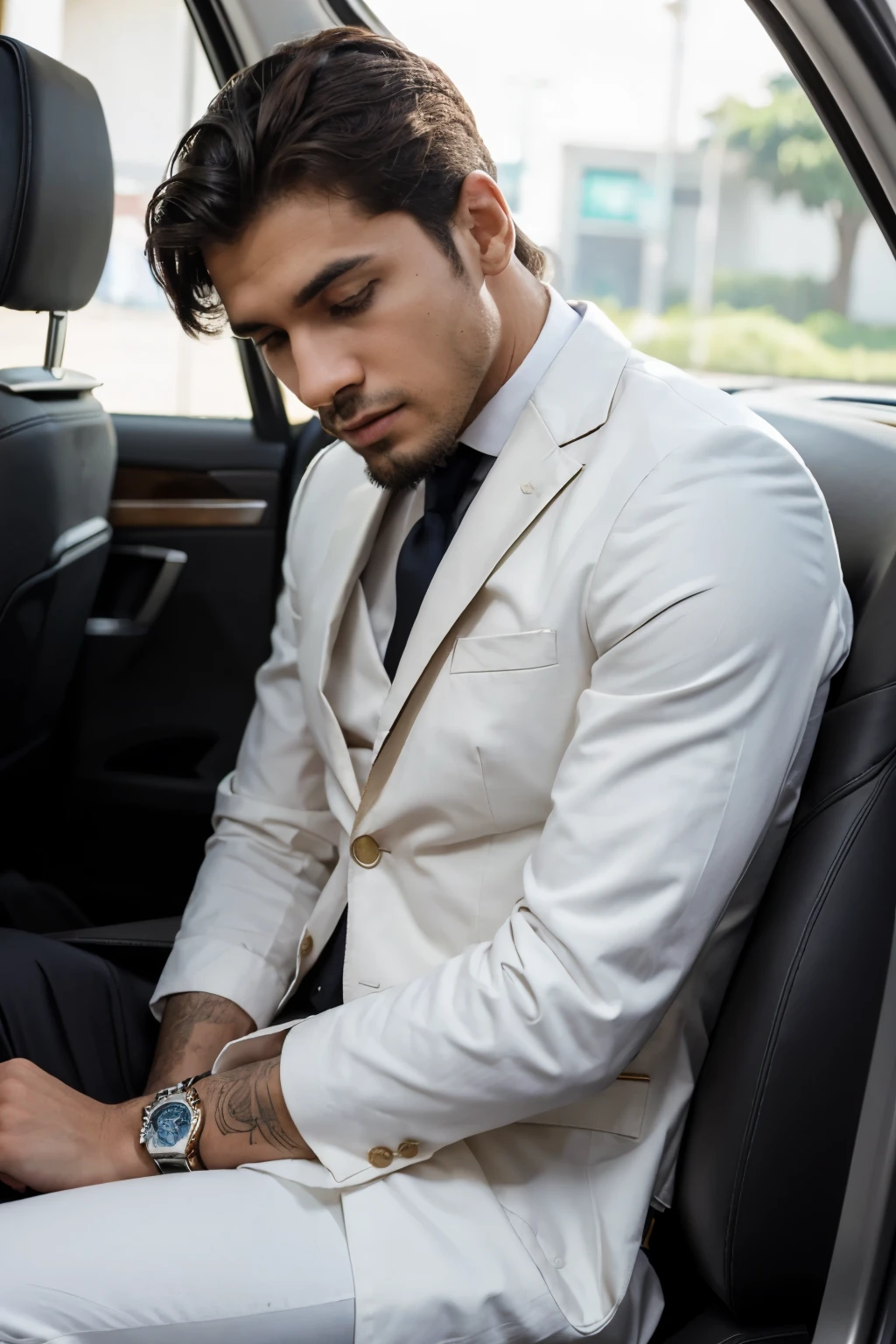 Homem elegante sentado no banco de um supercarro, homem jovem, Vestindo um terno com a virilha mostrando o pau para cima., Imagem realista, cabelo escuro, sem barba
