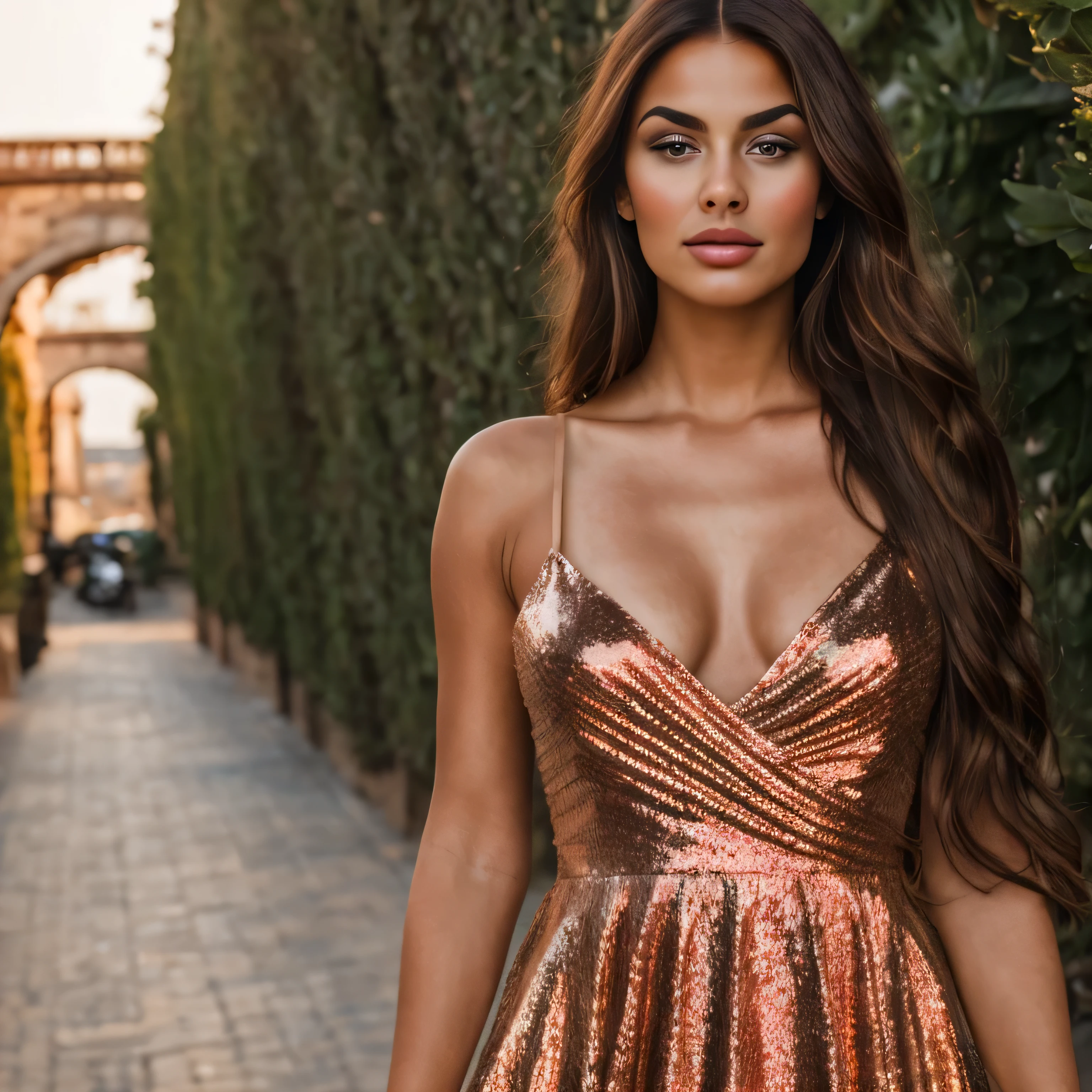 beautiful young woman, with long brown hair, with high cheekbones and a round face shape. She has olive skin tone and hazel eyes. She is in the disco and dancing. She is wearing a red dress.
