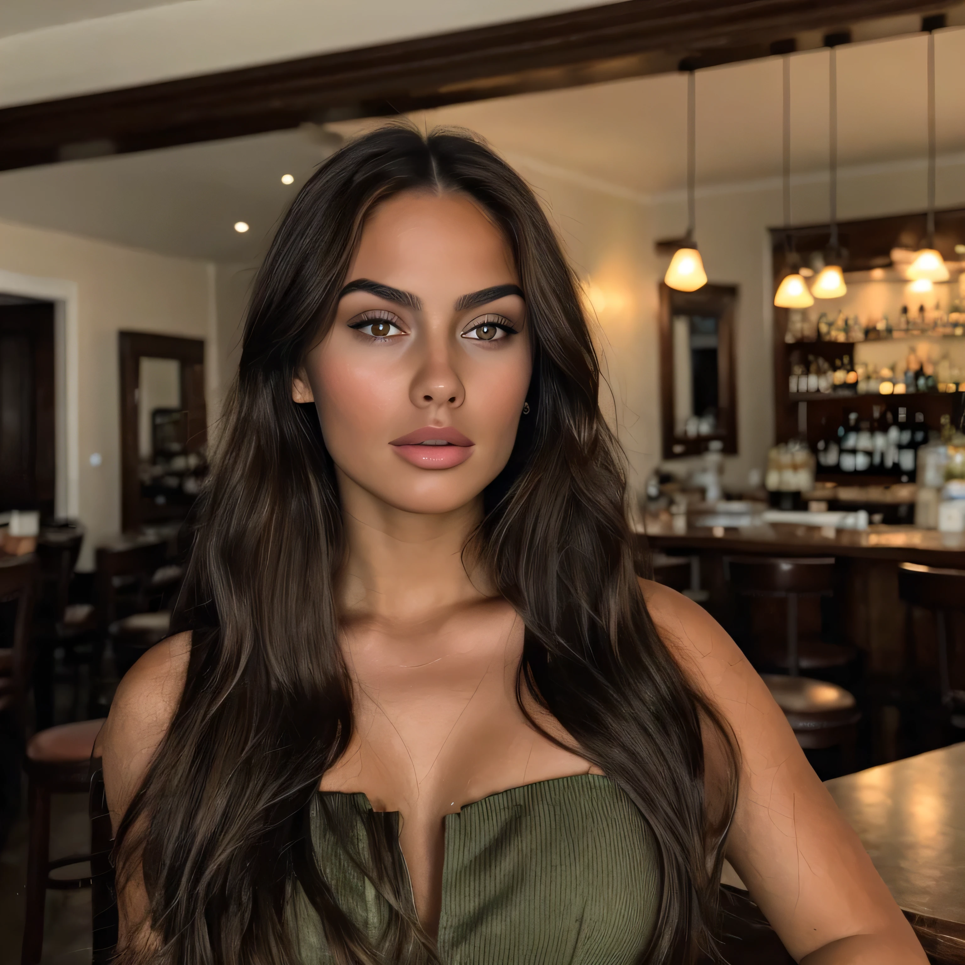 beautiful young woman, with long brown hair, with high cheekbones and a round face shape. She has olive skin tone and hazel eyes. She is in the bar and dancing. She is wearing a red dress.
