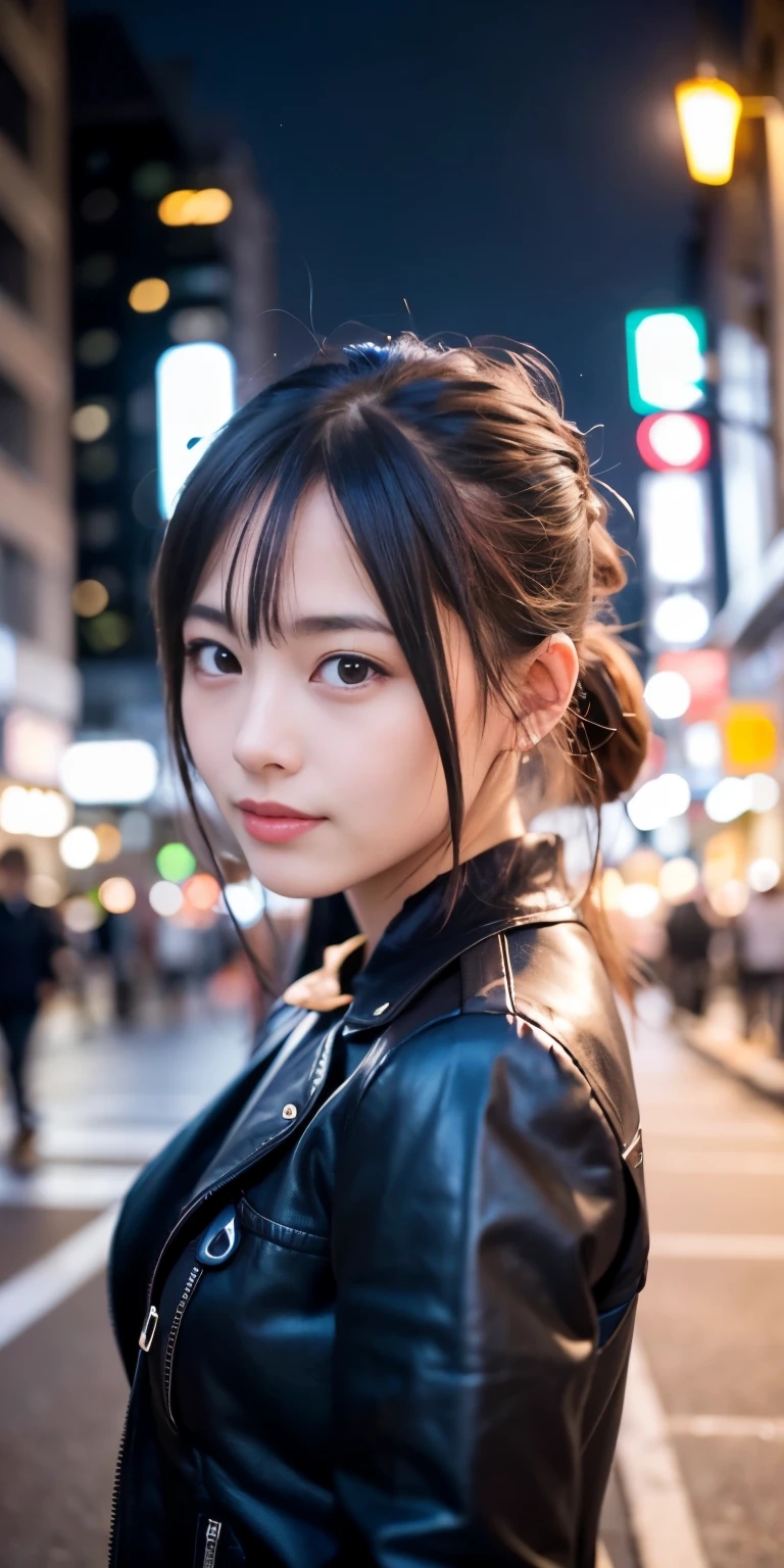 1 Girl, Tokyo Street,night, Streetscape,City lights,Upper Body,close,smile,, (8K, Raw photo, highest quality, masterpiece:1.2),(Realistic, photo-Realistic:1.37),
