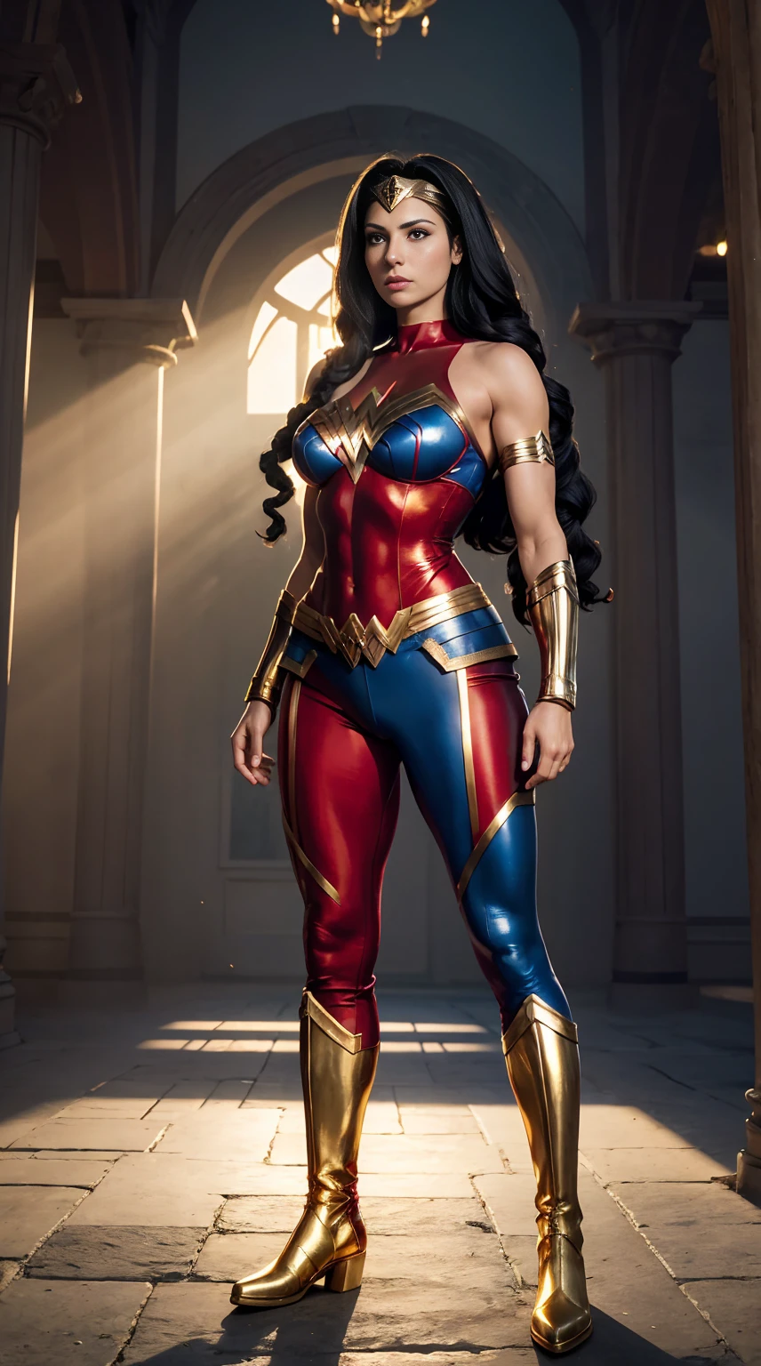 Anita Gucciardi, 29 years old, as superhero Wonder Woman, in a red bodysuit with shiny blue pants, gold belt, gold gauntlets, gold tiara, gold bracelets, strong facial expression, determined woman, look at the camera, eyes blue, black hair, hair with long braids, Long Hair, Boots in Zuis, Curvaceous athletic body, defined musculature, defined buttocks, thick muscular thighs, front view, full body perspective, Classical Greek architecture, rays of light
