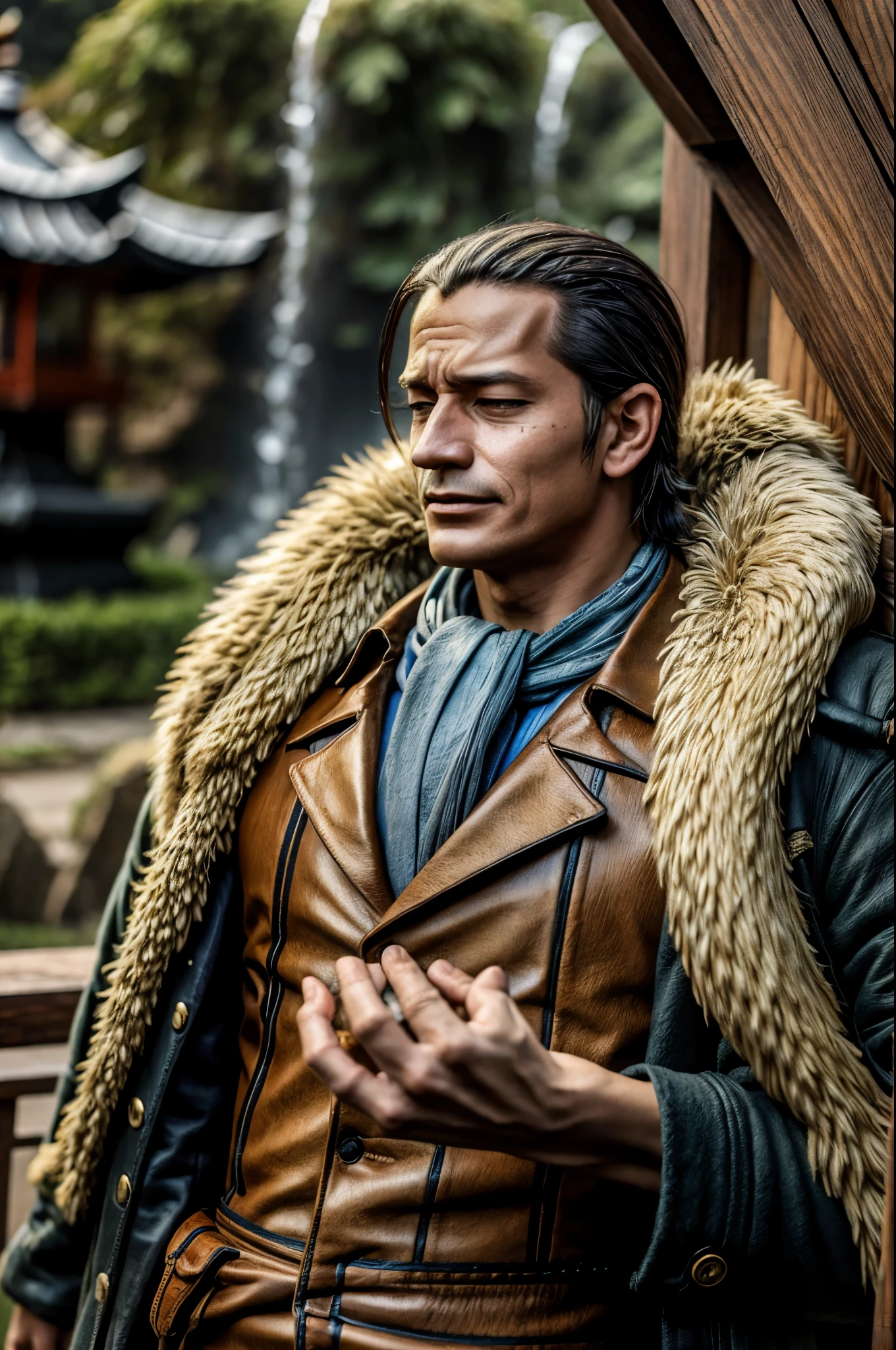 masterpiece, best quality, extremely detailed, hyperrealistic, photorealistic, a cool 40s man, ultra detailed face:1.2, fur-trimmed coat, scarf around the neck, his left hand is a golden pirate hook:1.1, distant view shot, japanese style garden:1.3, dynamic pose, cigar, sly smile, relaxed