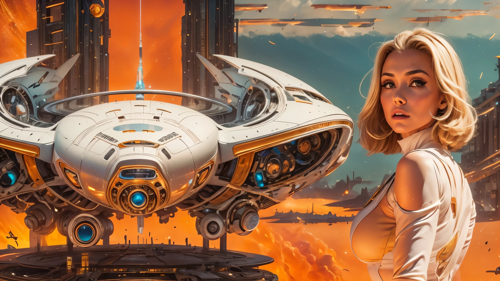 arafed image of a white woman in a futuristic suit with a spaceship in the background, movie art, in front of an orange background, inspired by Robert McGinnis, female protagonist, megastructure in the background, portrait of an ai astronaut, astronauts, an astronaut, portrait of a astronaut skeletor, perfect android girl, detailed eyes, perfectly detailed teeth, frank franzzeta and sakimichan