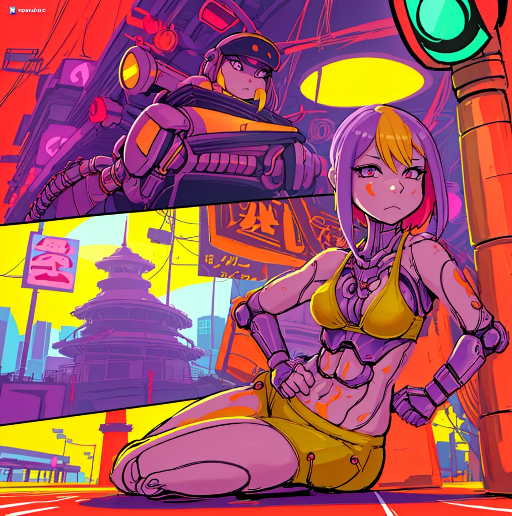 drawing of a woman in a yellow bikini next to a traffic light, some red and purple and yellow, some red and yellow, inspired by Tadanori Yokoo, digital art. colorful comic, [ digital art ]!!, [ conceptual art ]!!, colored sketch anime manga panel, biomechanical oppai, comic digital art, digital art!!, lowres