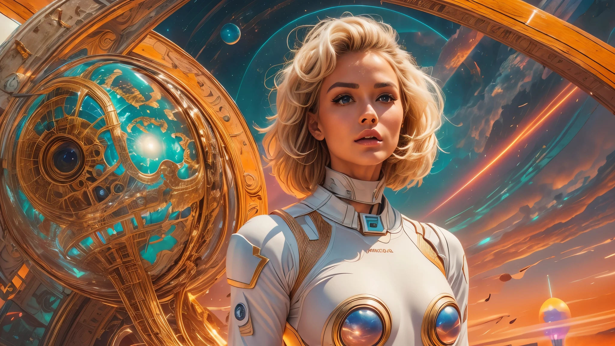 arafed image of a white woman in a futuristic suit with a spaceship in the background, movie art, in front of an orange background, inspired by Robert McGinnis, female protagonist, megastructure in the background, portrait of an ai astronaut, astronauts, an astronaut, portrait of a astronaut skeletor, perfect android girl, detailed eyes, perfectly detailed teeth, frank franzzeta and sakimichan