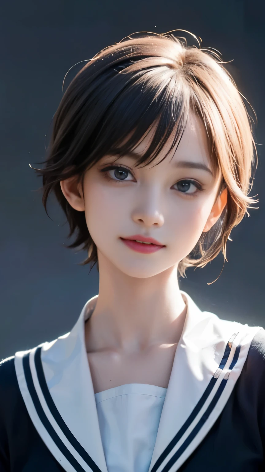 (masterpiece, highest quality, highest quality, Official Art, beautifully、aesthetic:1.2), Cinema Lighting、(Key light at 45 degrees from the front,Orange Fill Light、Soft Blue Backlight、Strong Shadows、Blue and orange color palette), Accurate human body、Someone knowledgeable、Correct five-finger、4K - ultra-vivid、highest quality, masterpiece, Ultra-high resolution, Detailed Background、The perfect background、(Little devil smile、Mesgaquismiles:1.5), 　　　　　　　　　　　　　

((Oily skin,Glowing Skin、Realistic skin texture、Beautiful skin in every detail、Shiny skin、Slimy skin、Glowing Skin、Shiny skin)), White skin, Real human skin, (Familiar), Oval Face, pore, Ultra-high resolution, (8k, RAW Photos, Realistic: 1.4), One Girl, slim, (kind, Goddess-like eyes) happiness: 1.2), (Lip gloss, eyelash, Gloss Face, highest quality, Ultra-high resolution, Wide Lighting, Natural Shading)、(sexy), Absolute area、long beautiful thin legs、Short length、(恍惚のsexyな笑顔の表情:0.8,)  (Random time, place and women&#39;s uniform:1.8)、Alluring、Provocative Pose、Seductive pose