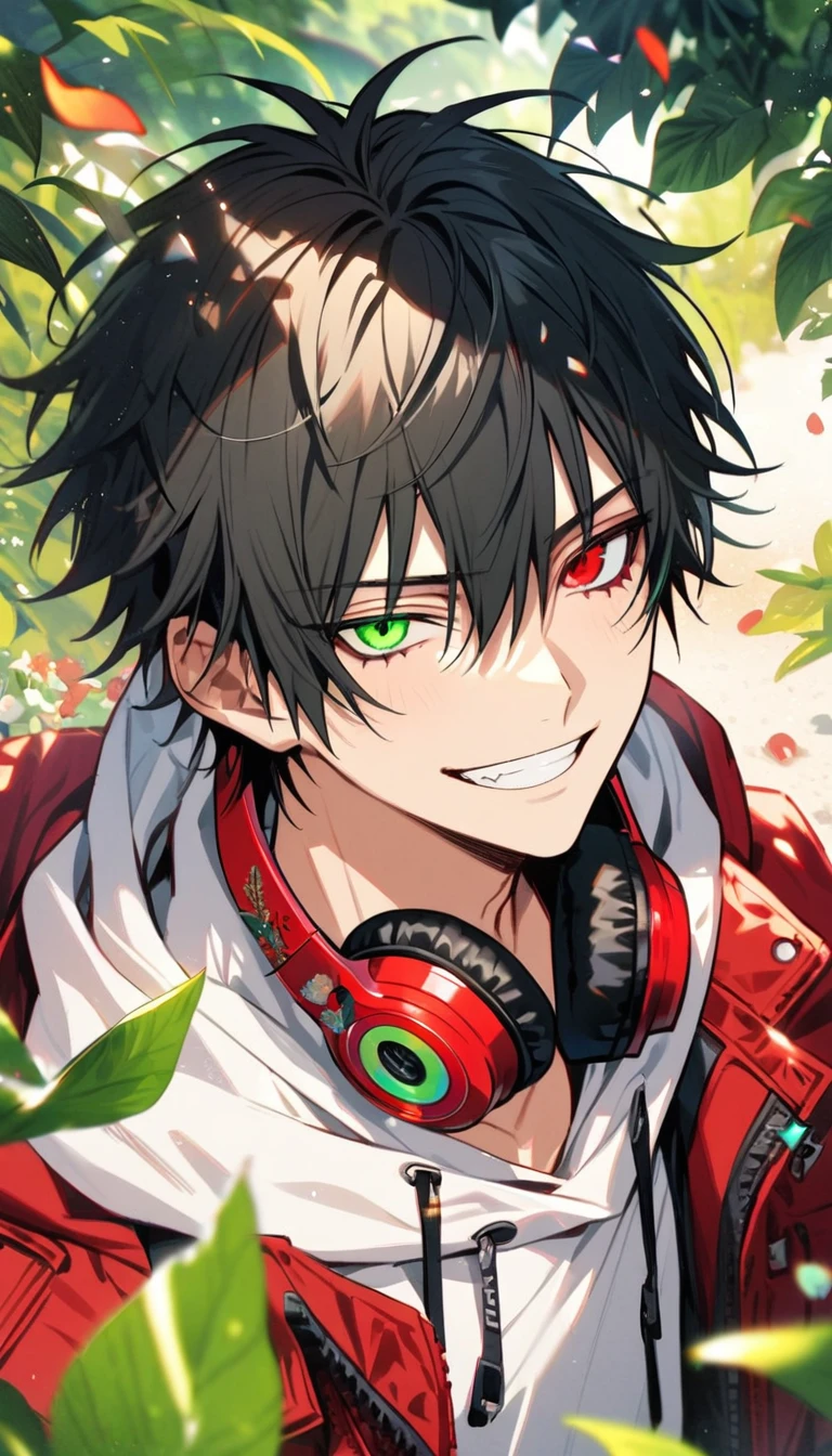 Ultra detailed, Highres, absurdres, Yamada Ichiro, black hair, heterochromia, right green eye, left red eye, red jacket, white hoodie, Hypnosis Mic, Red headphones around his neck, green leaves, summer, petals, butterflies, handsome, grin, 1 man,