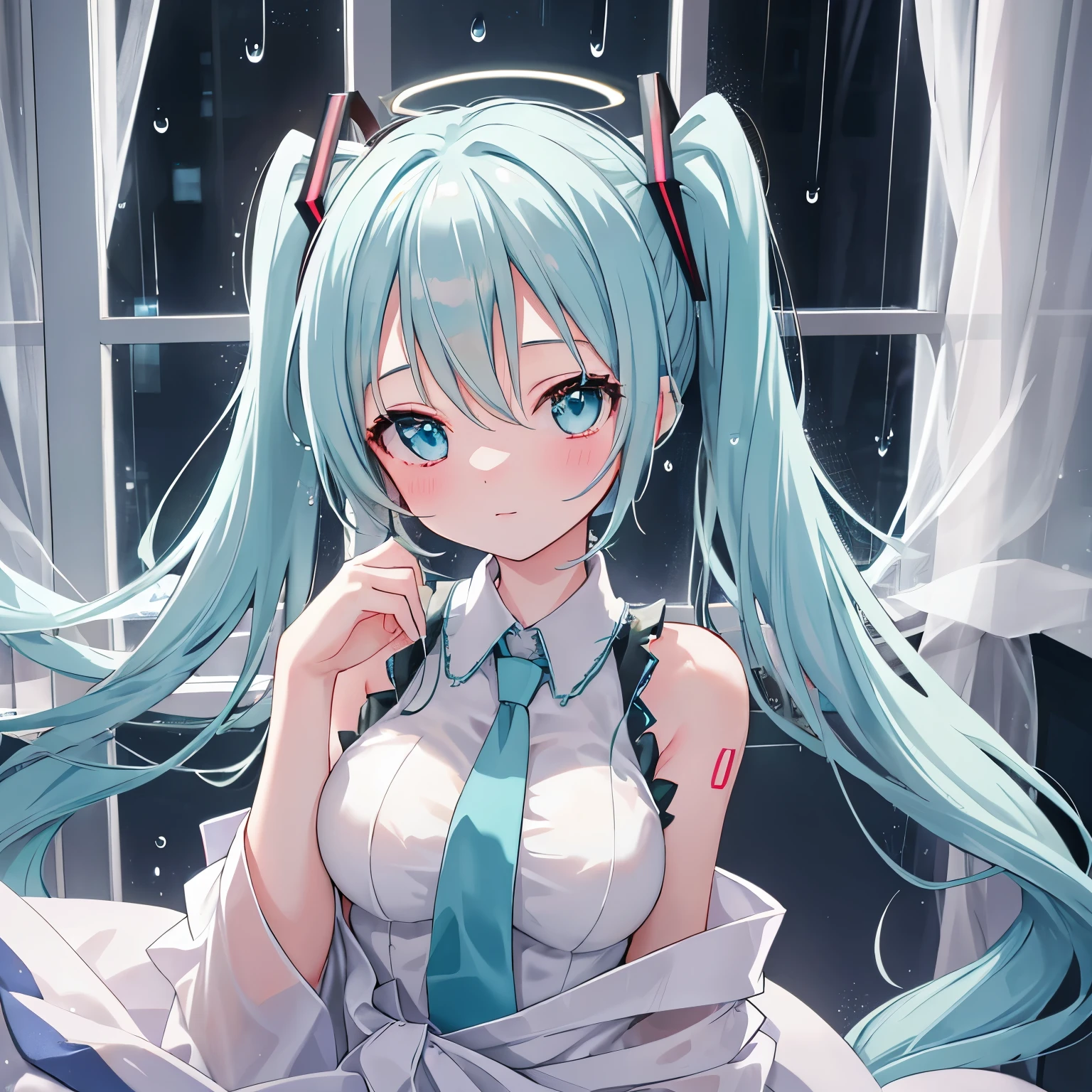 Hatsune Miku, the vibrant and captivating virtual idol, is serenely seated in the middle of the night beside her window as rainstorm cascades outside. The room is bathed in the ethereal glow of the moonlight, illuminating every intricate detail of her figure with extreme precision and beauty. Her halo-like twin-tails, formed from radiant blue pigtails, are elegantly twisted into soft silver braids, cascading down to her waist.
Her detailed, stunning eyes glisten with an otherworldly luminescence that shines brightly in the dimly lit room. The raindrops hitting the window create a dynamic contrast between