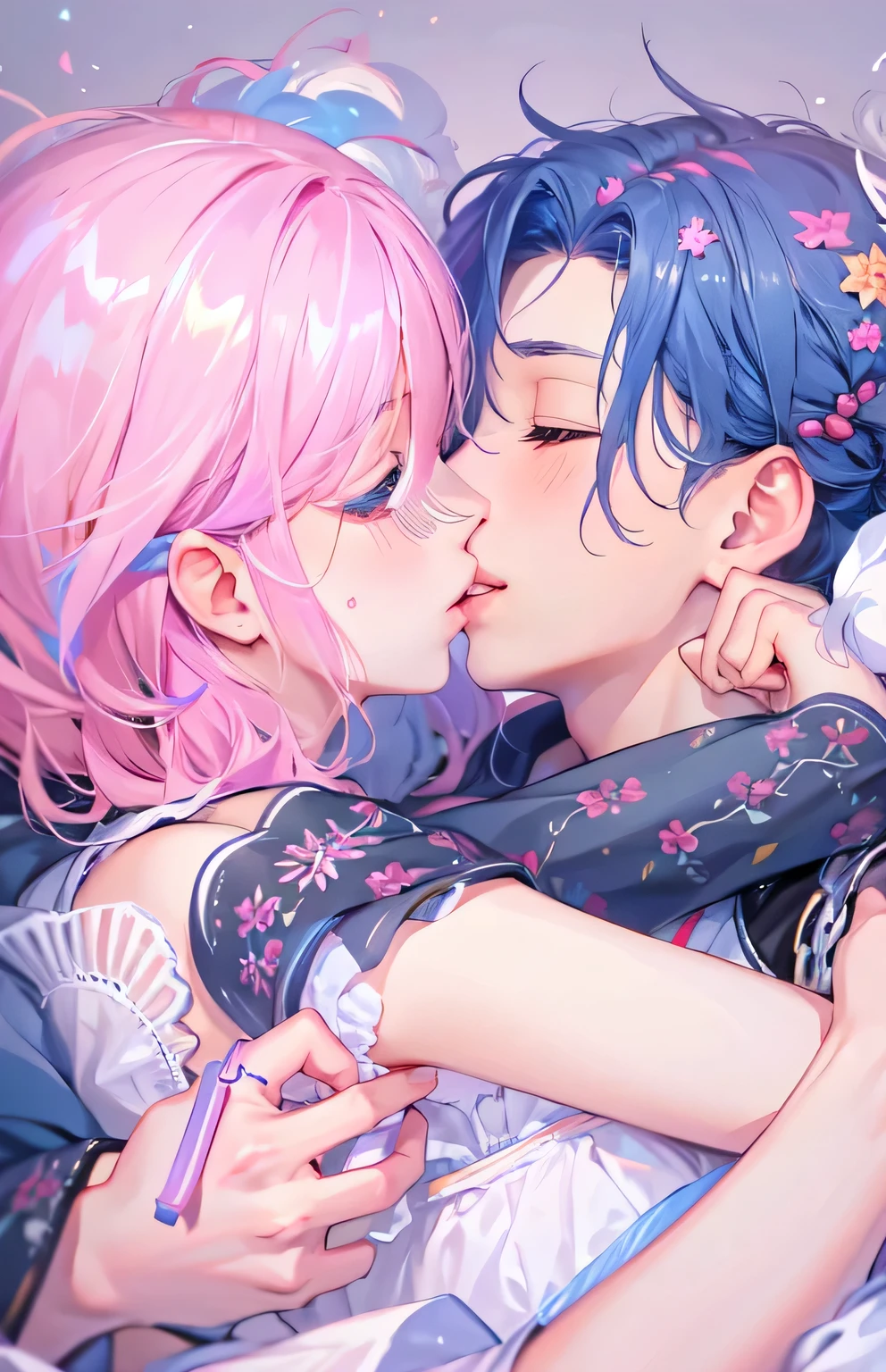 ((highest quality)), ((masterpiece)), (Get used to it), Perfect Face , Couple , 1 male（blue short hair） , 1 female（Pink long hair） , On the bed , kiss , Embrace each other ,