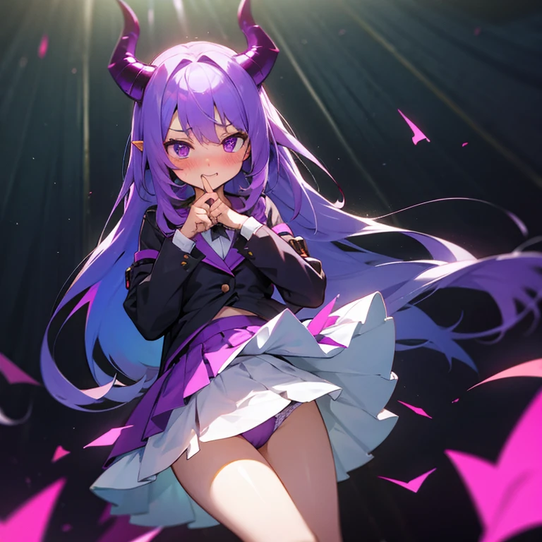 Young succubus. Mini skirt. Horns. No wings. Shy. Blush. age. Purple hair. Skirt flip. Purple panties. Embarrassed. D cup. Skirt up. Panties showing