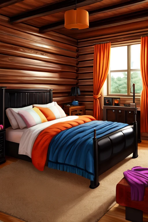 ((best quality)), ((masterpiece)), (detailed), Log Cabin, Bedroom, walls painted persian orange, guitar stand, retro stereo, Imperial style bed, black comforter, dark blue-ish gray comforter, orange accents on comforter, bed next to window, coat rack, sleeveless black leather biker vest, scarlet boxing gloves, black leather boots on side of the bed, soft shading, soft colors, pastel colors, vivid colors