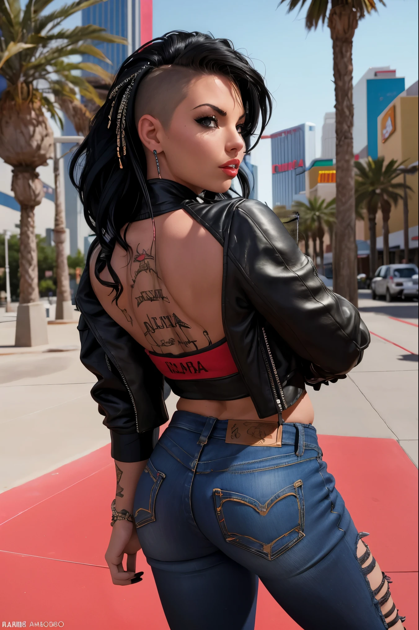 film photo ChristyMackQuiron woman, peinado Mohawk, mohawk hair, black hair, pelo negro, realista, a woman Shot putwearing a crop top and tight jeans walking on Las Vegas, short crop top, ahort black leather jacket, chaqueta de cuero negro corta, vaqueros apretados, heels, tacones , de buen tono, 35mm photography, Movie, bokeh, profesional, 4k, muy detallado, Las Vegas, from back, looking at viewer, thick ass