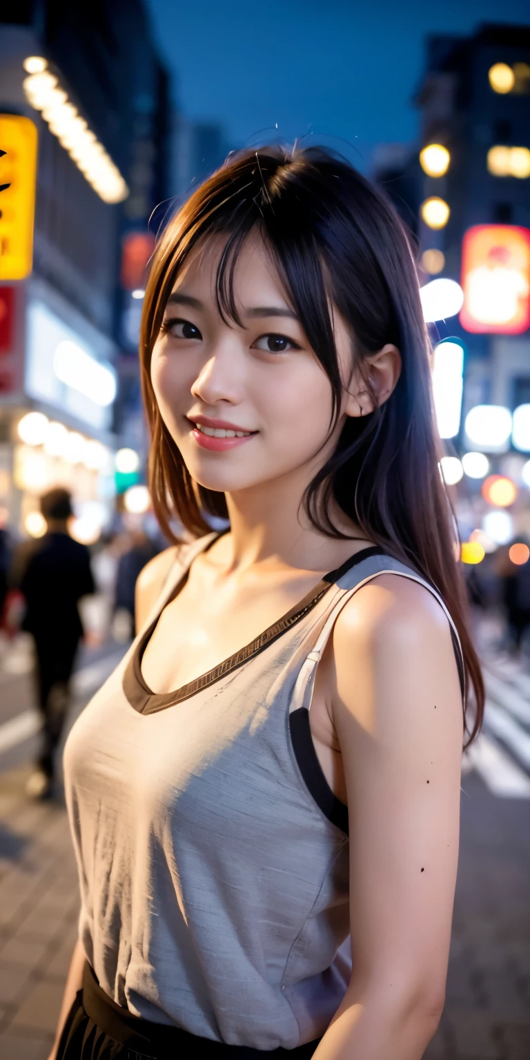1 Girl, Tokyo Street,night, Streetscape,City lights,Upper Body,close,smile,, (8K, Raw photo, highest quality, masterpiece:1.2),(Realistic, photo-Realistic:1.37),