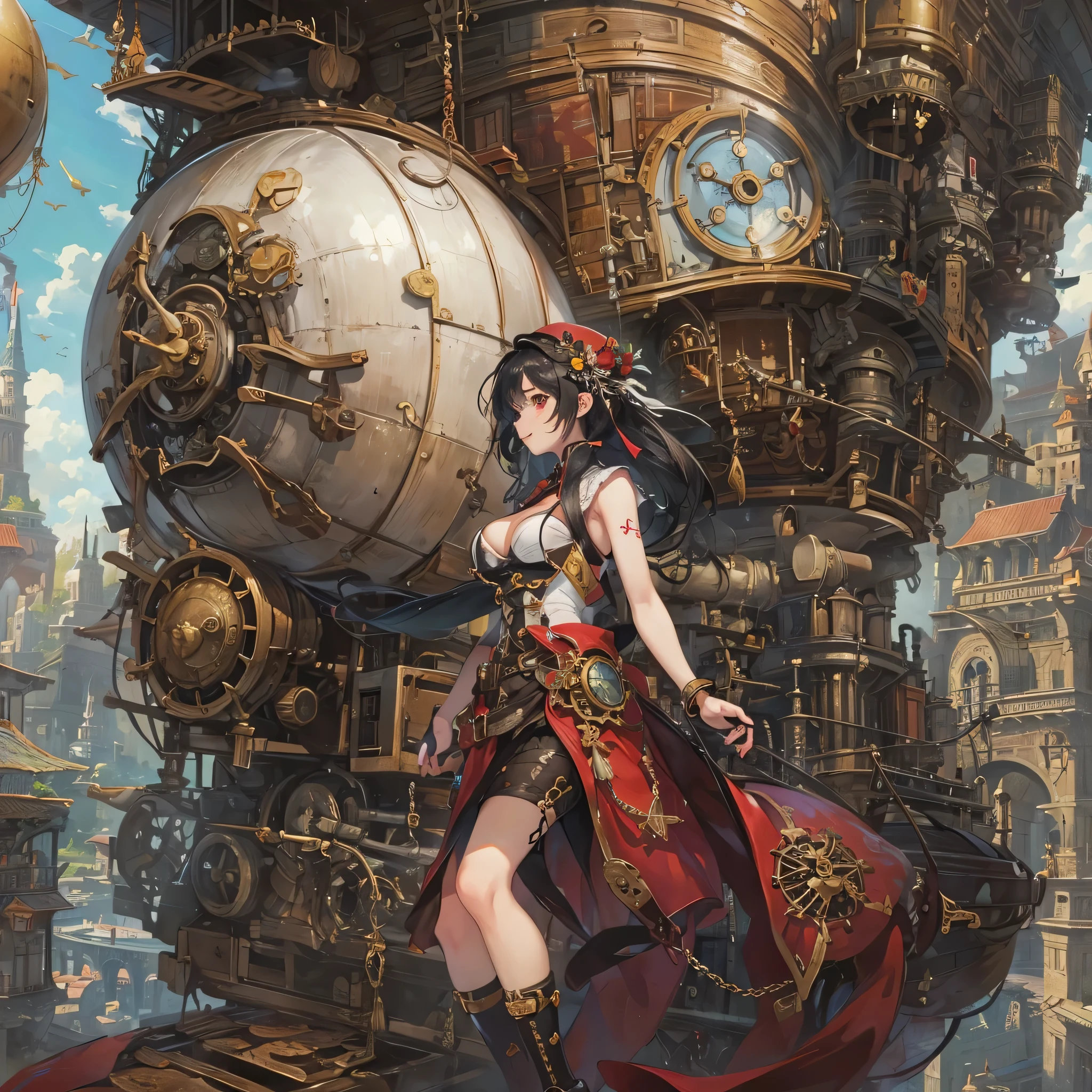 perfect anatomy, masterpiece:1.4, best highres, 16k, (detailed mechanical:1.4 city, filled with steam:1.3) (in the steampunk:1.5 city), ((the background biggest Mechanical airship)), break, (traveller style)
(from-side profile, wide-angle:1.3) (solo:1.3 straight black hair long hair femdom cute girl), ((18 yo)), (bigboobs, detailed red eyes, love:1.2 smile), break, (in a summer elegant onepiece), (have a Travel bag).